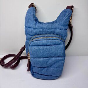 Wanderfull Denim Hydrobag with Strap, Phone and Card Holder, Blue w/brown strap
